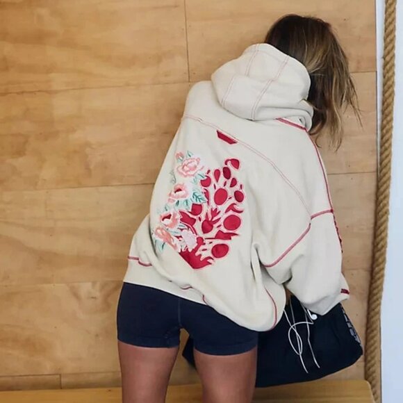 Free People Tops - Free People Final Call Rose Logo Hoodie Floral Embroidered Sweatshirt Jacket S